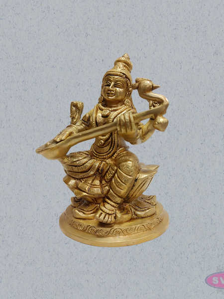 Brass Saraswati Statue with Veena – Handmade Goddess of Wisdom Idol (6 Inches)
