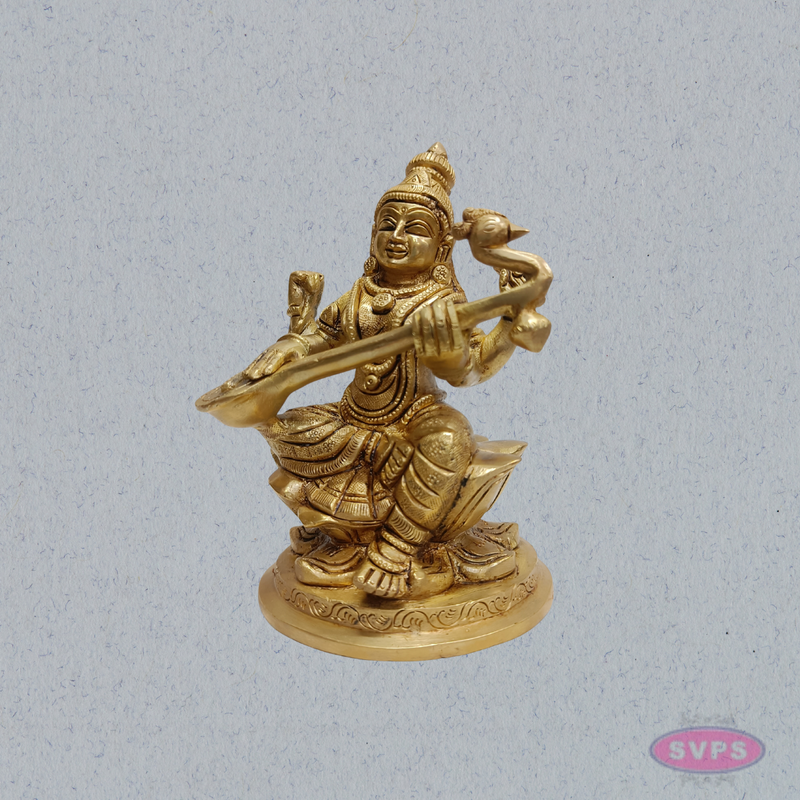 Brass Saraswati Statue with Veena – Handmade Goddess of Wisdom Idol (6 Inches)