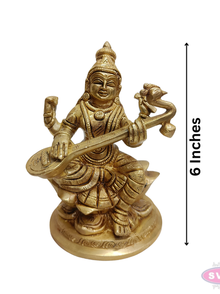 Brass Saraswati Statue with Veena – Handmade Goddess of Wisdom Idol (6 Inches)
