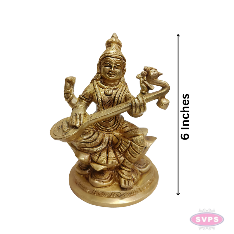 Brass Saraswati Statue with Veena – Handmade Goddess of Wisdom Idol (6 Inches)