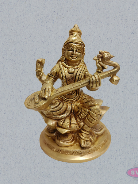 Brass Saraswati Statue with Veena – Handmade Goddess of Wisdom Idol (6 Inches)