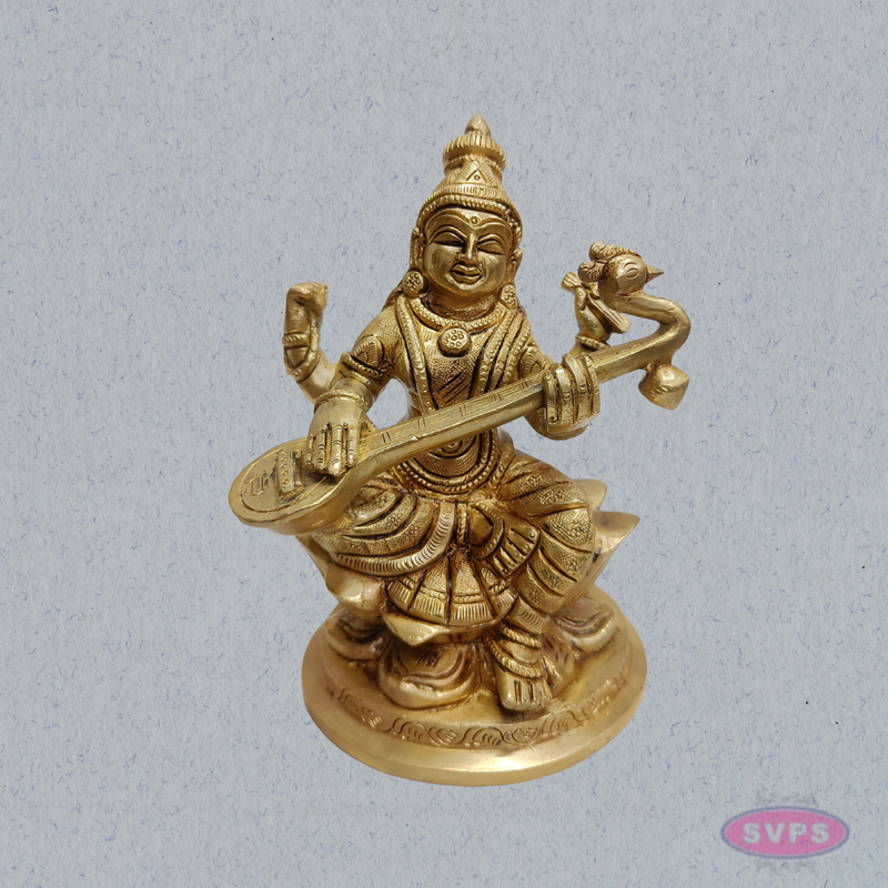Brass Saraswati Statue with Veena – Handmade Goddess of Wisdom Idol (6 Inches)