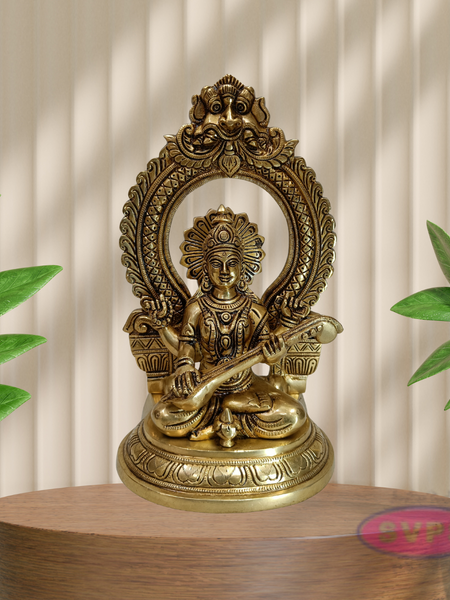 Antique Finish Brass Goddess Saraswati Idol with Veena & Decorative Arch