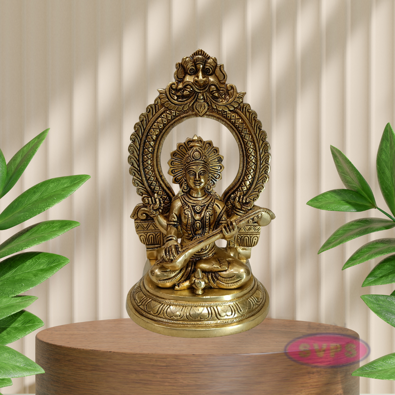 Antique Finish Brass Goddess Saraswati Idol with Veena & Decorative Arch