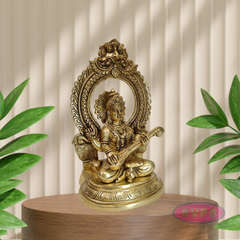 Antique Finish Brass Goddess Saraswati Idol with Veena & Decorative Arch