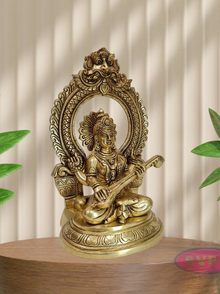 Antique Finish Brass Goddess Saraswati Idol with Veena & Decorative Arch