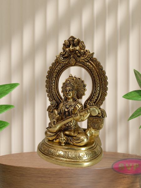 Antique Finish Brass Goddess Saraswati Idol with Veena & Decorative Arch