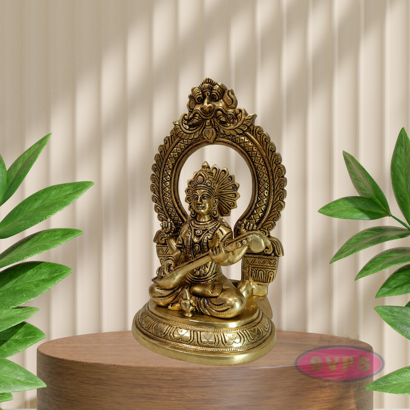 Antique Finish Brass Goddess Saraswati Idol with Veena & Decorative Arch