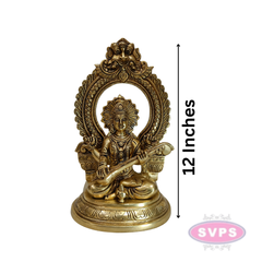 Antique Finish Brass Goddess Saraswati Idol with Veena & Decorative Arch