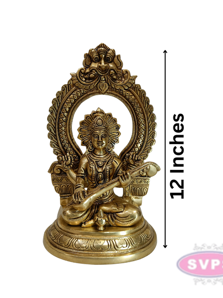 Antique Finish Brass Goddess Saraswati Idol with Veena & Decorative Arch