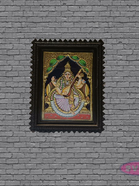 Tanjore Painting of Goddess Saraswati with Teakwood Frame 10x8 Inch