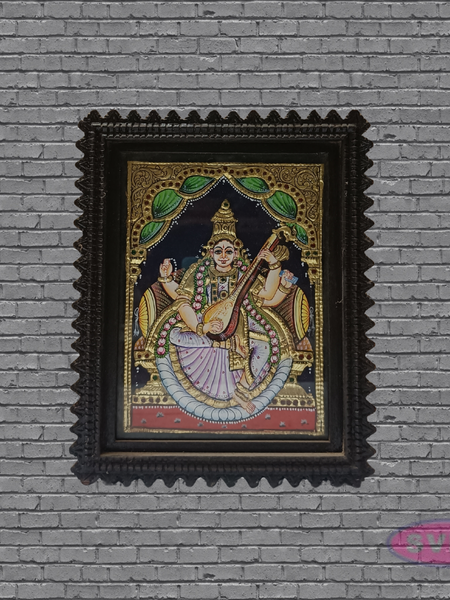 Tanjore Painting of Goddess Saraswati with Teakwood Frame 10x8 Inch