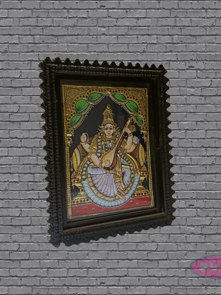 Tanjore Painting of Goddess Saraswati with Teakwood Frame 10x8 Inch