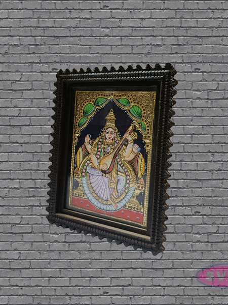Tanjore Painting of Goddess Saraswati with Teakwood Frame 10x8 Inch