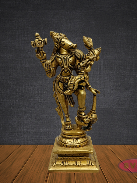 Brass Varaha Swamy with Bhudevi – Vishnu Avatar Decorative Idol