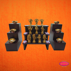 Wooden 3 Step And 3Lamp Stand With Brass Dasavatharam Idol Set And Brass Lamp