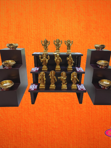 Wooden 3 Step And 3Lamp Stand With Brass Dasavatharam Idol Set And Brass Lamp