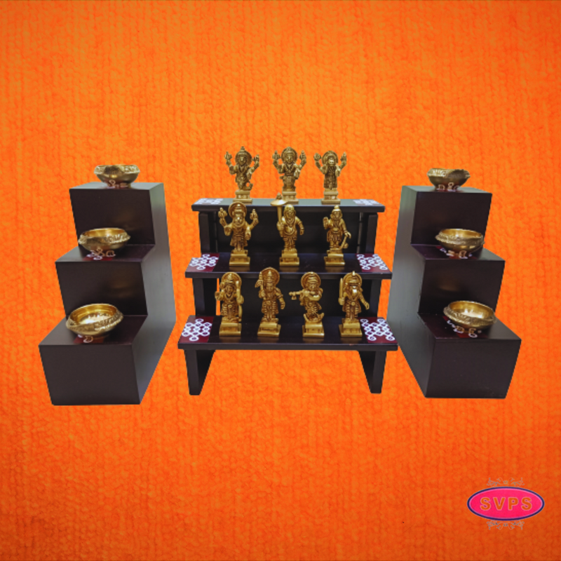 Wooden 3 Step And 3Lamp Stand With Brass Dasavatharam Idol Set And Brass Lamp