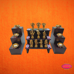Wooden 3 Step And 3Lamp Stand With Brass Dasavatharam Idol Set And Brass Lamp