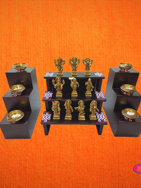 Wooden 3 Step And 3Lamp Stand With Brass Dasavatharam Idol Set And Brass Lamp