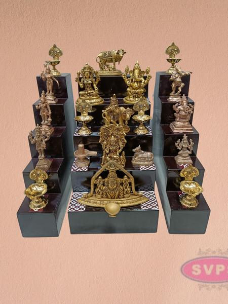 Wooden Golu Deity Stand With Idols And Lamps