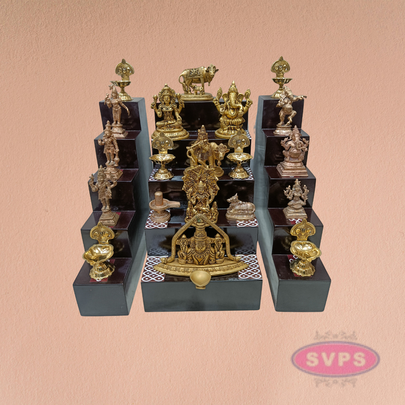 Wooden Golu Deity Stand With Idols And Lamps