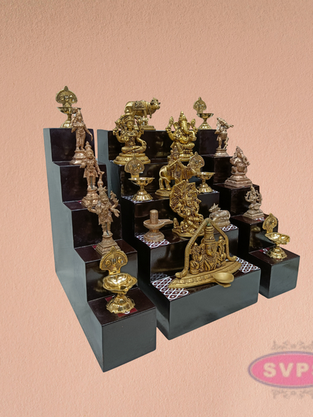 Wooden Golu Deity Stand With Idols And Lamps