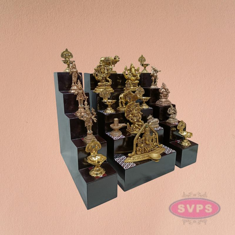 Wooden Golu Deity Stand With Idols And Lamps