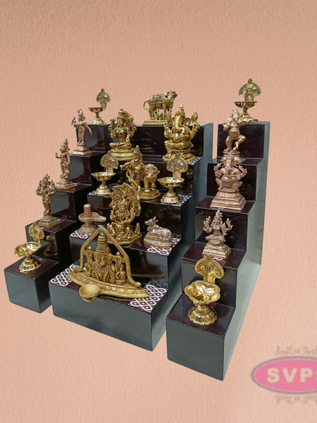 Wooden Golu Deity Stand With Idols And Lamps