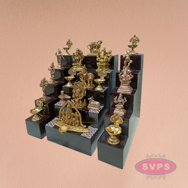 Wooden Golu Deity Stand With Idols And Lamps