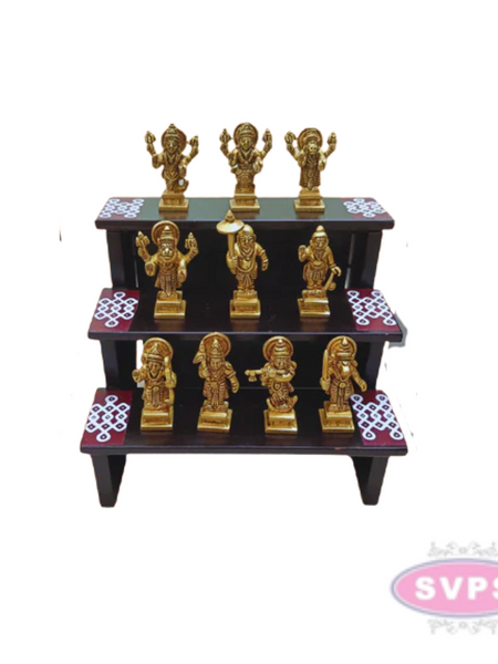 Wooden 3 Step With Brass Dasavatharam Idol Set