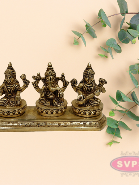 Antique Brass Lakshmi Ganesha Saraswati Set for Home Temple & Pooja