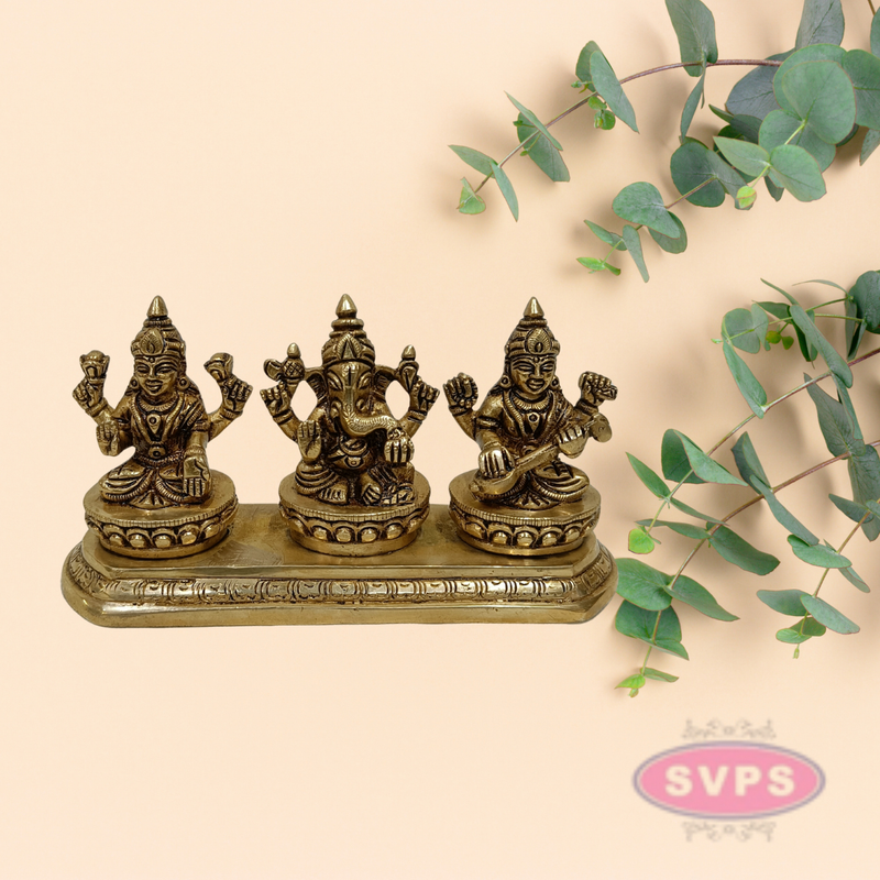Antique Brass Lakshmi Ganesha Saraswati Set for Home Temple & Pooja