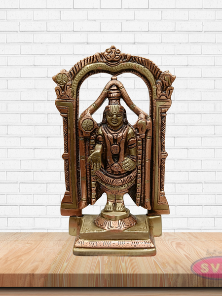 Brass Lord Tirupati Balaji Venkateswara Idol with Prabhavali Arch – Handcrafted Temple Statue