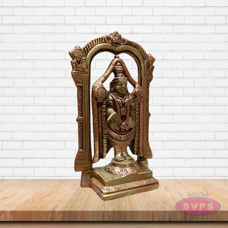 Brass Lord Tirupati Balaji Venkateswara Idol with Prabhavali Arch – Handcrafted Temple Statue