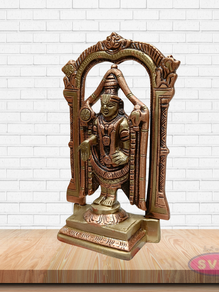 Brass Lord Tirupati Balaji Venkateswara Idol with Prabhavali Arch – Handcrafted Temple Statue