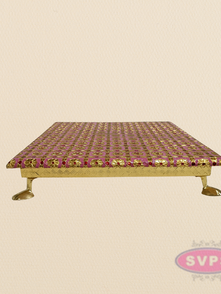 Pink Floral Design Pooja Manai – Decorative Gold Finish Mandir Chowki for God Idols
