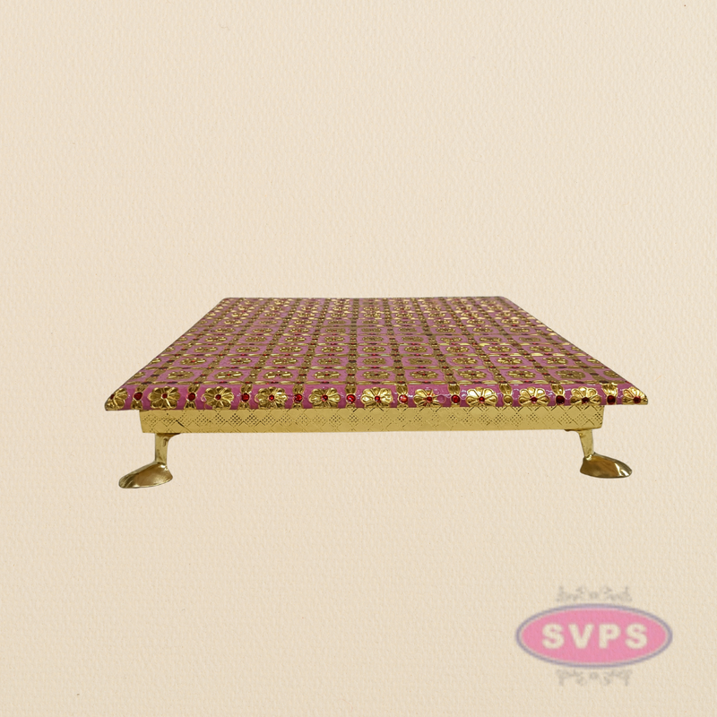 Pink Floral Design Pooja Manai – Decorative Gold Finish Mandir Chowki for God Idols