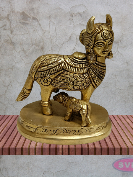 Kamadhenu Cow with Calf Brass Idol 4.5 Inches Sacred Gomata Statue