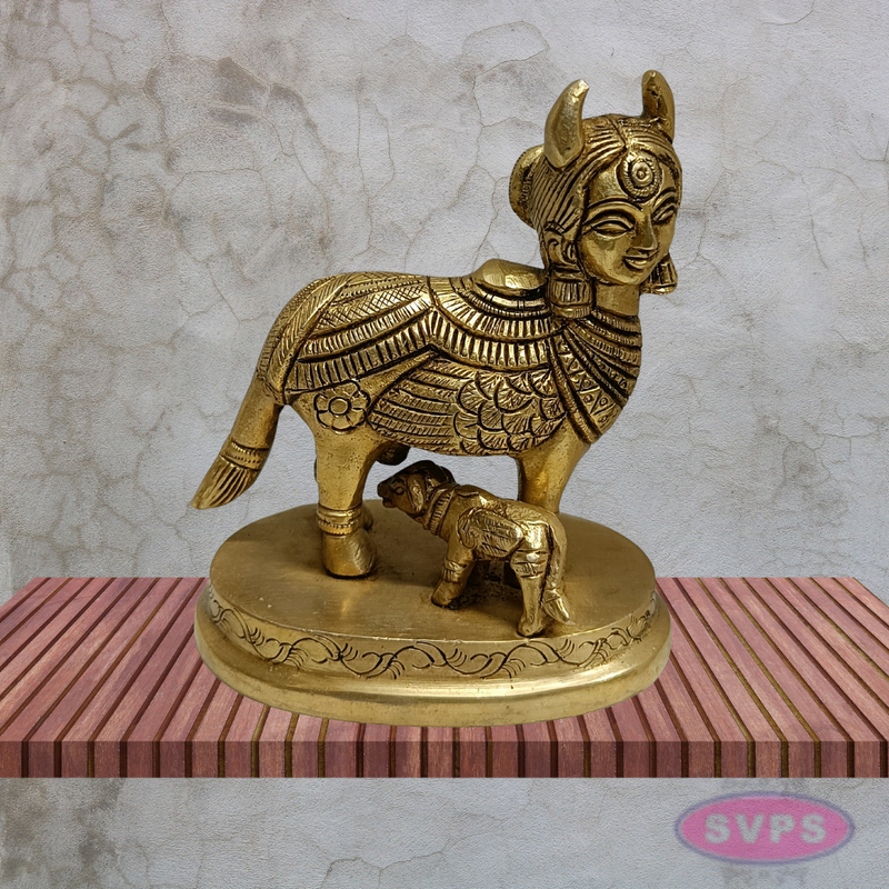 Kamadhenu Cow with Calf Brass Idol 4.5 Inches Sacred Gomata Statue