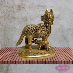 Kamadhenu Cow with Calf Brass Idol 4.5 Inches Sacred Gomata Statue