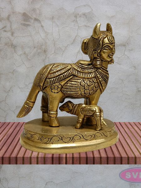 Kamadhenu Cow with Calf Brass Idol 4.5 Inches Sacred Gomata Statue