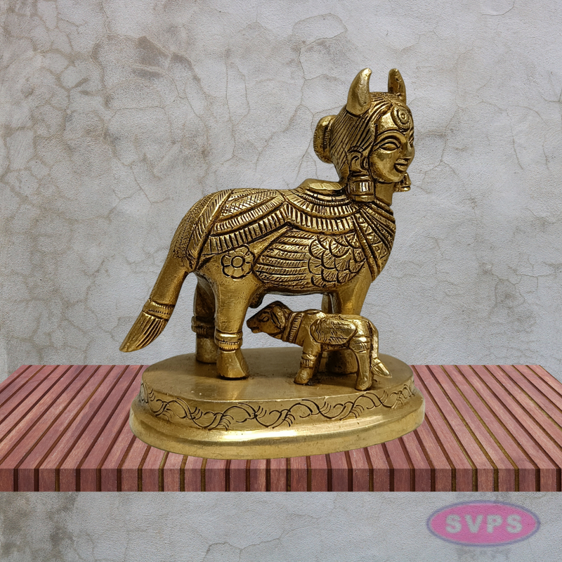 Kamadhenu Cow with Calf Brass Idol 4.5 Inches Sacred Gomata Statue