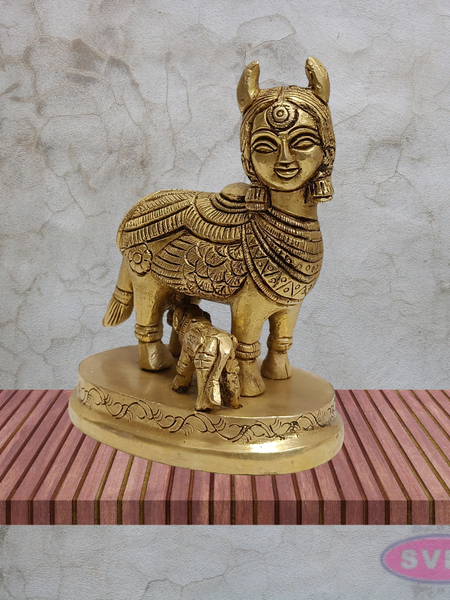 Kamadhenu Cow with Calf Brass Idol 4.5 Inches Sacred Gomata Statue