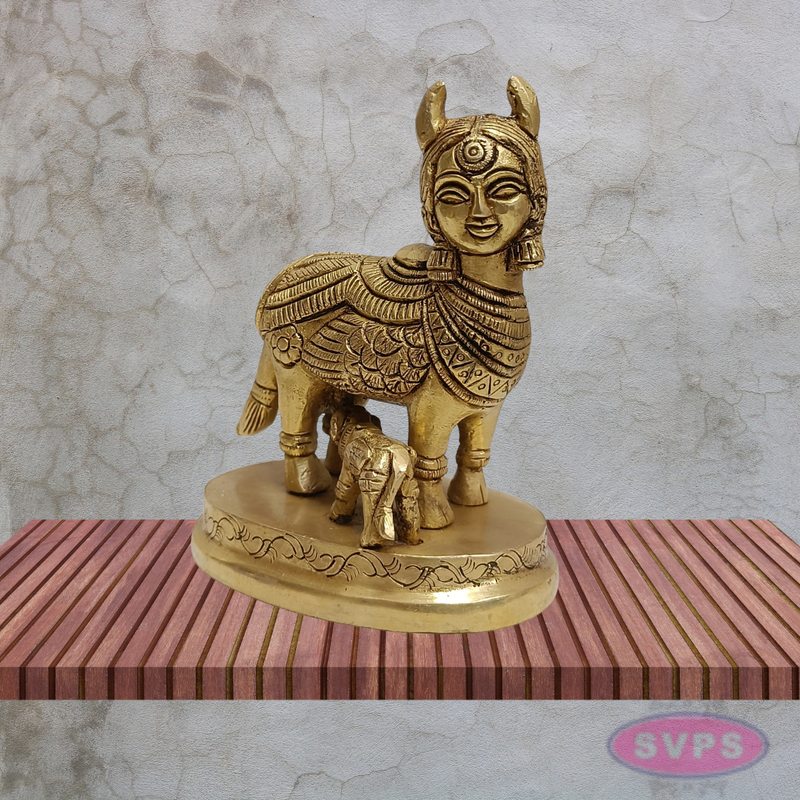 Kamadhenu Cow with Calf Brass Idol 4.5 Inches Sacred Gomata Statue