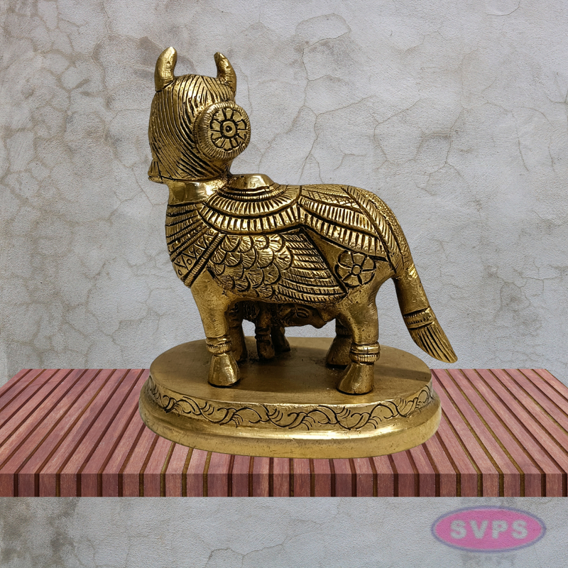 Kamadhenu Cow with Calf Brass Idol 4.5 Inches Sacred Gomata Statue