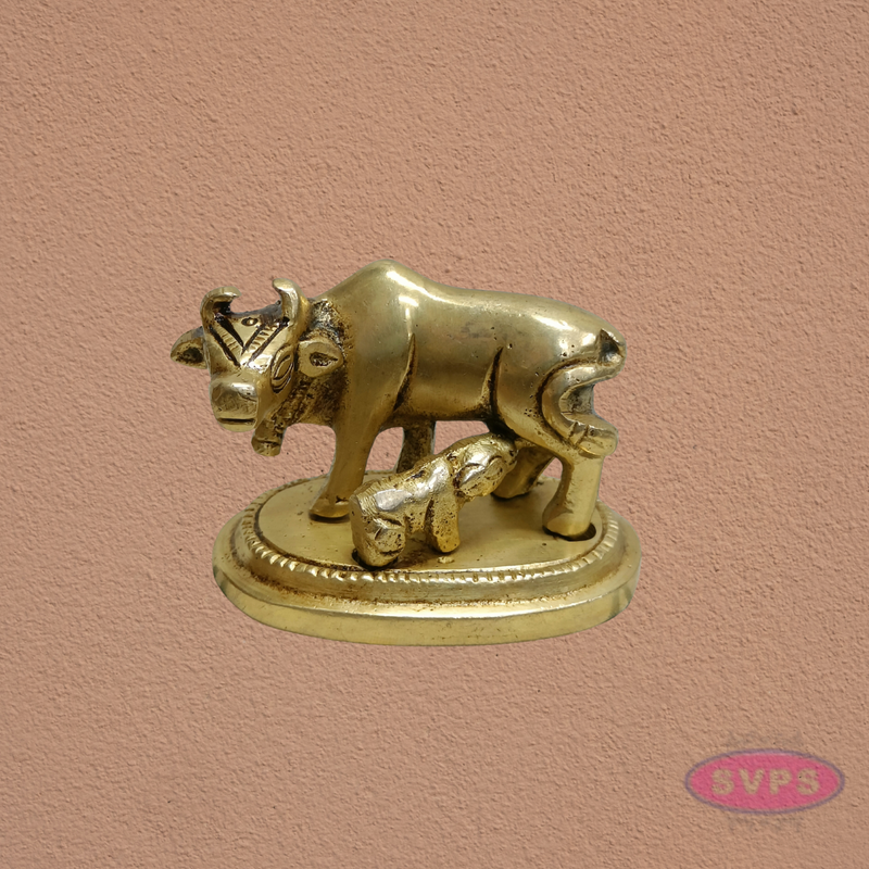 Auspicious Kamadhenu Cow with Calf Brass Statue | Spiritual Pooja Decor