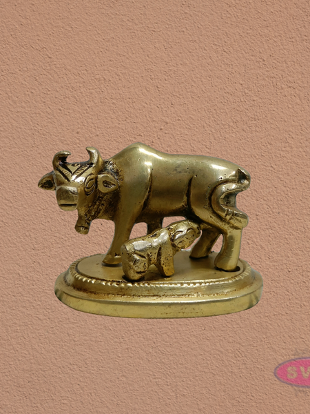 Auspicious Kamadhenu Cow with Calf Brass Statue | Spiritual Pooja Decor