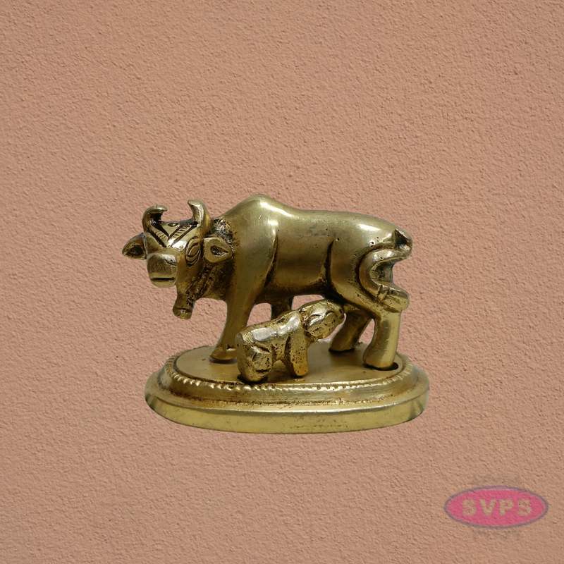 Auspicious Kamadhenu Cow with Calf Brass Statue | Spiritual Pooja Decor