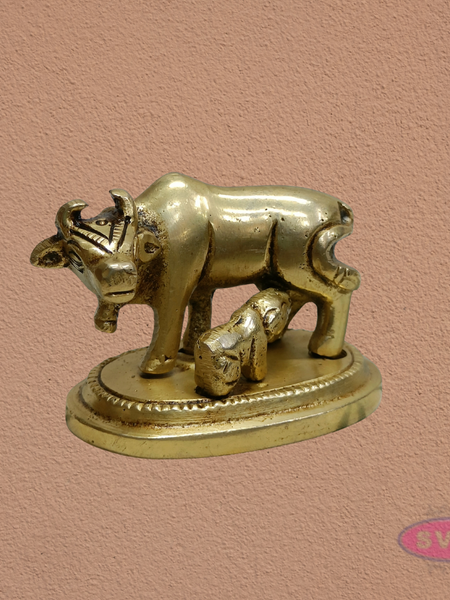 Auspicious Kamadhenu Cow with Calf Brass Statue | Spiritual Pooja Decor